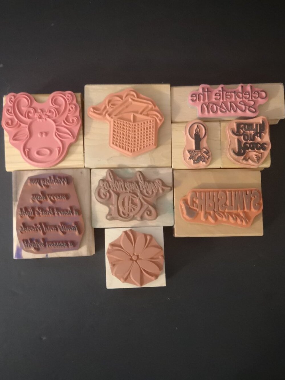 Lot of 9 Wood Mounted Rubber Stamps Christmas / Holiday Themed New/Used (Lot #1)